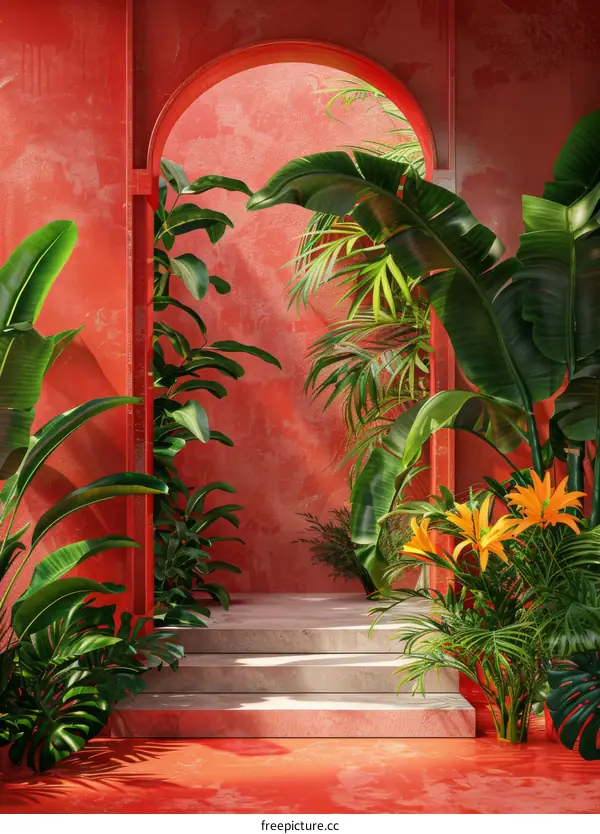 Red archway in tropical setting