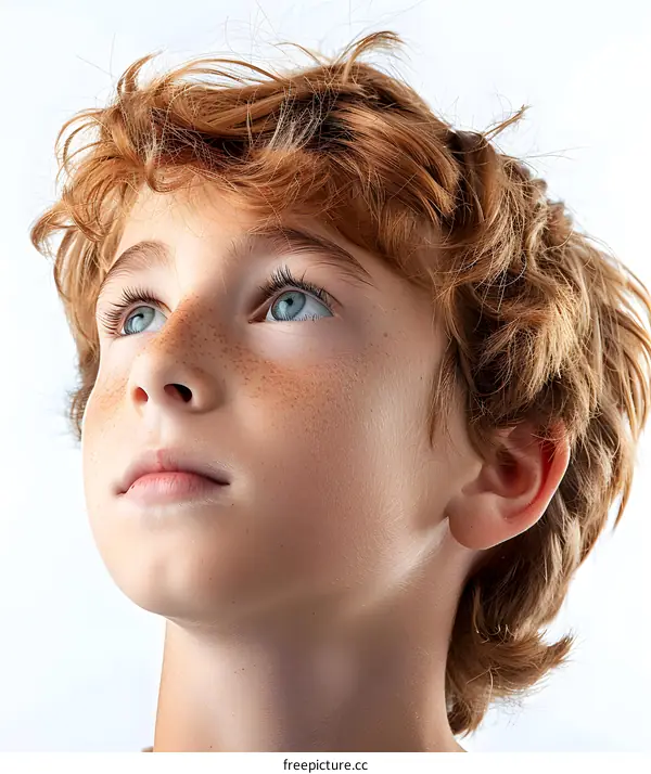 Portrait of a Young Boy with Red Hair and Blue Eyes Looking Up