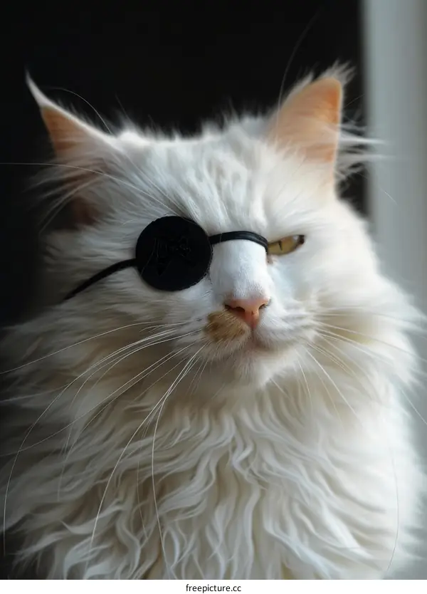 Portrait of a one-eyed white cat