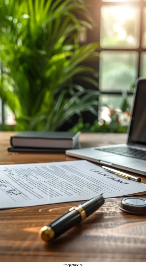 A desk with a laptop, a notebook, a pen, and a contract on it