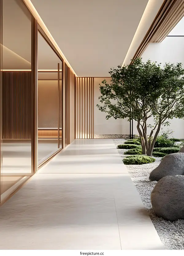 Minimalist Japanese Zen Garden with Stone Pathway and Wooden Walls