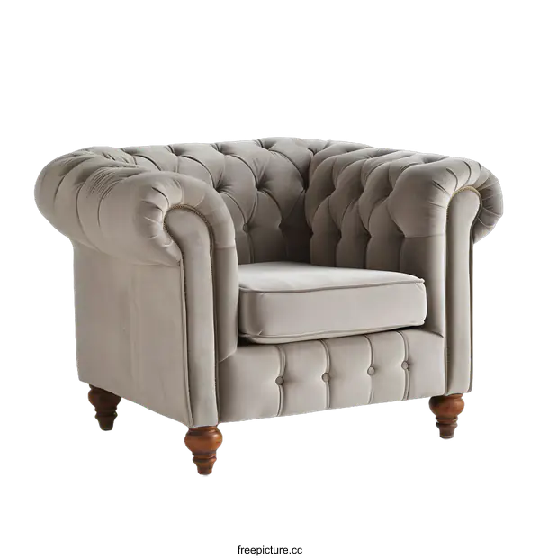 [Transparent Background PNG]Beige Tufted Armchair With Wooden Legs