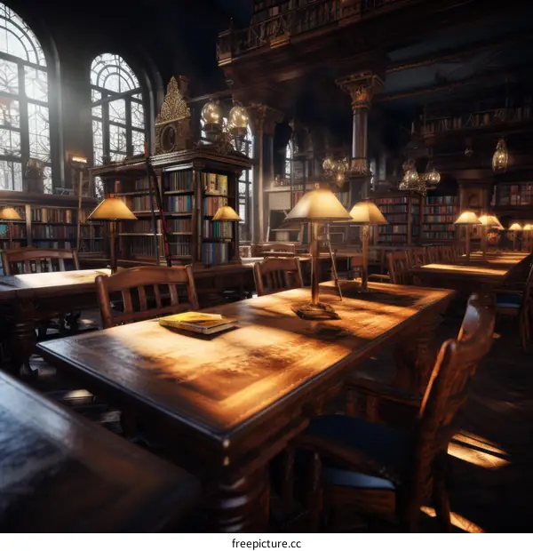 Ornate Library Interior with Wooden Tables and Chairs