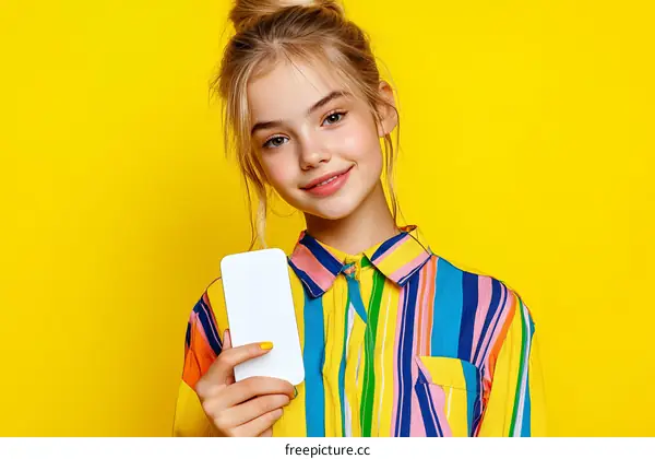 Teenage Girl with Colorful Striped Shirt Presenting Blank Phone