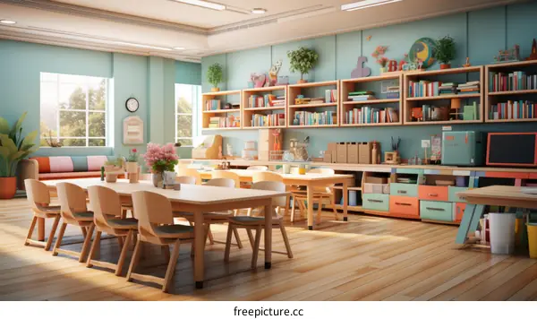 A Bright and Welcoming Classroom with Wooden Furniture