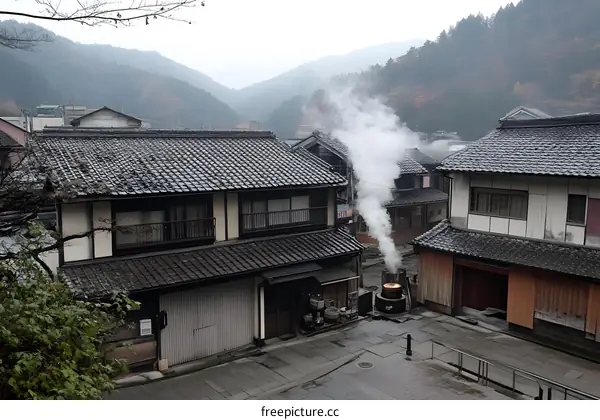 Traditional Japanese Architecture with Steam Rising from a Pot