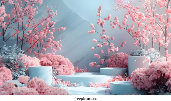 Cherry blossoms in full bloom against a backdrop of blue sky and white clouds