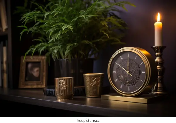 Elegant vintage golden table clock with candle and decorative plant