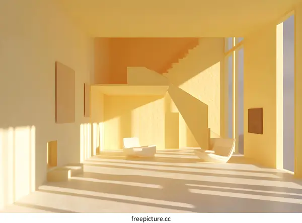 Minimalist Modern Living Room Interior Design with Stairs and Sunlight