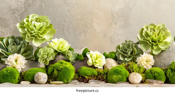Green Flower Arrangement with Stones and Moss