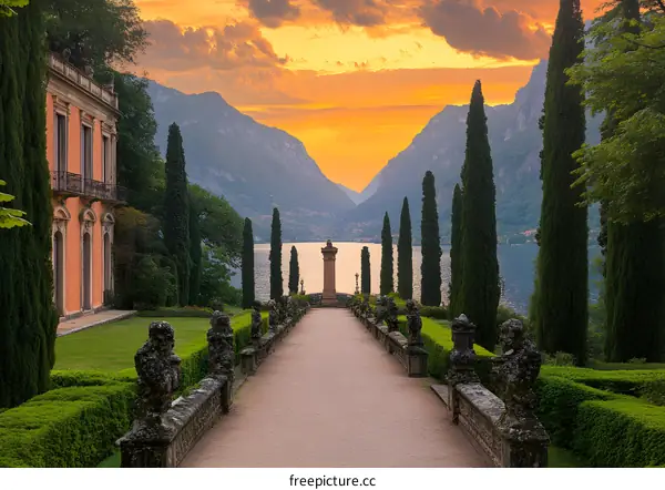 Sunset View of Lake Como with Villa and Cypress Trees