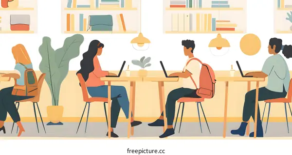 Group of Diverse People Working on Laptops in a Modern Cafe