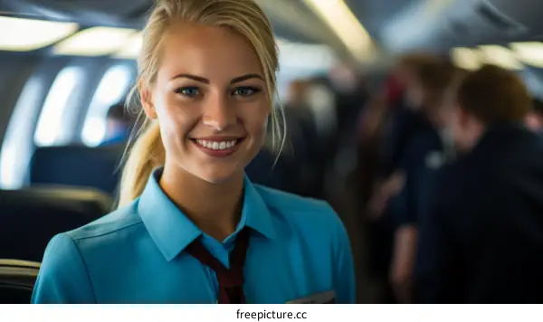 Portrait of a smiling young blonde woman in a blue uniform with a red tie