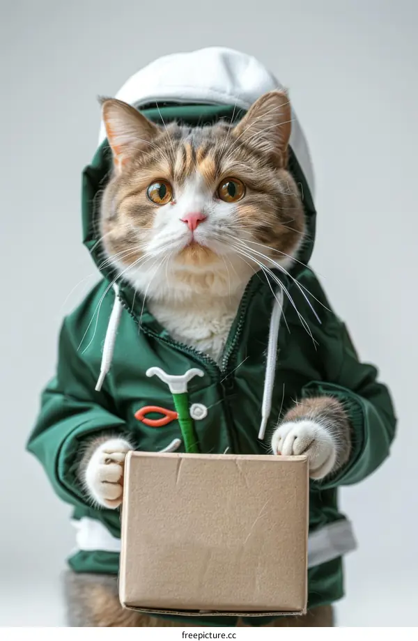 Cat Dressed in Green Jacket Holding Cardboard Box