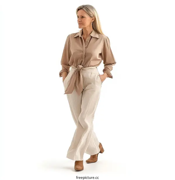 Elegant Woman in Beige Shirt and Beige Pants