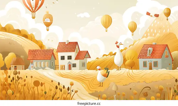 Autumn Village Illustration with Hot Air Balloons and Chickens