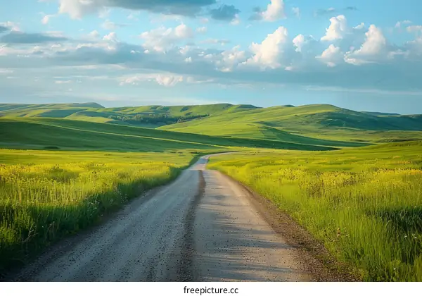 Serene Country Road through Lush Green Fields
