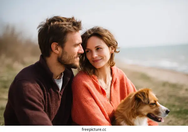 Couple and Dog by the Seaside