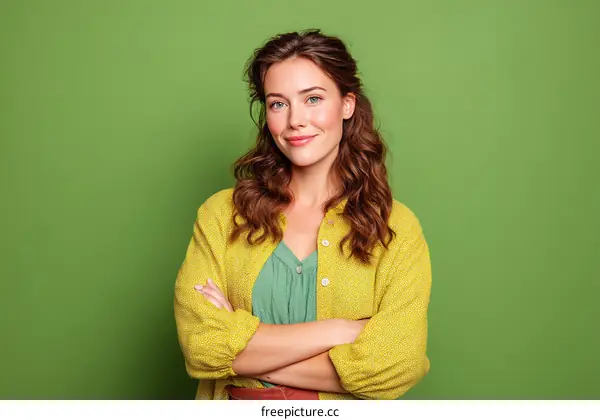 Confident Woman in Yellow Cardigan Against Green Background