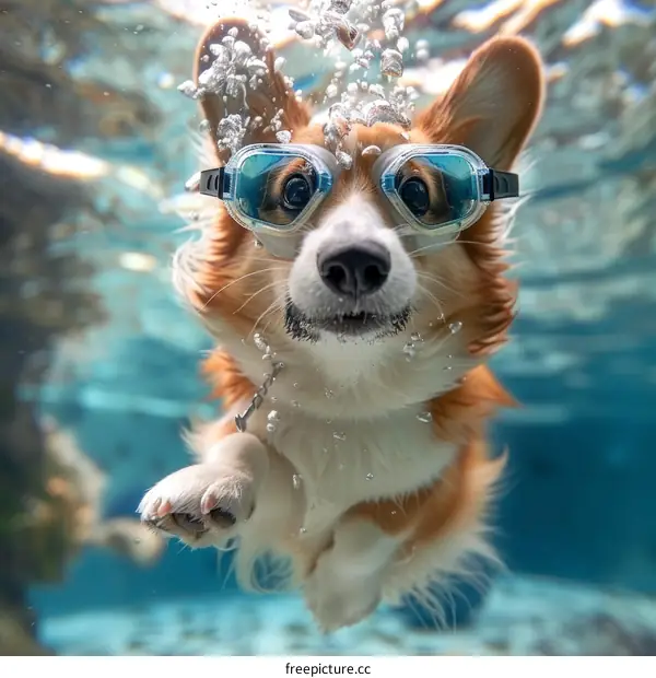 A cute corgi dog wearing swimming goggles swims underwater