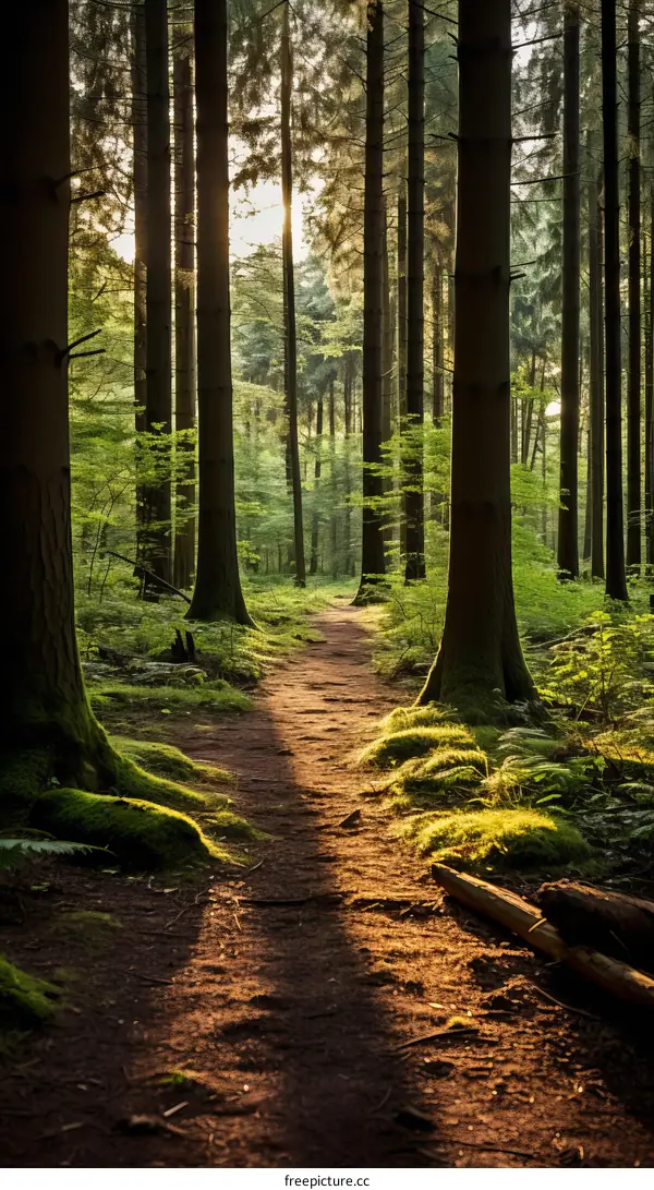 The sun shines through the trees in a dense green forest