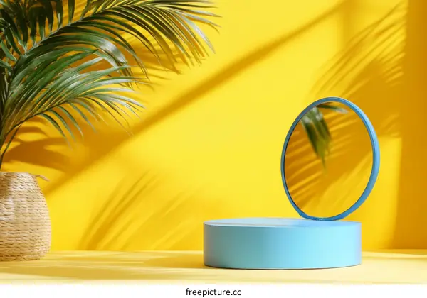 Stylish Summer Display Podium with Mirror and Palm Leaf