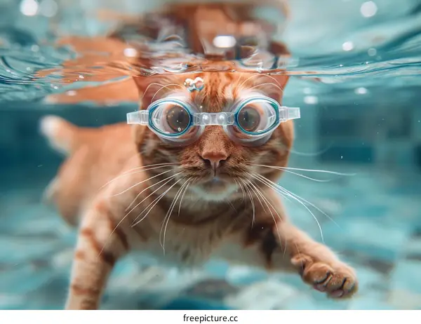 Cat wearing swimming goggles while swimming underwater