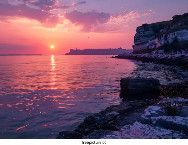 Sunset Over the Ocean With a Silhouette of a City in the Distance
