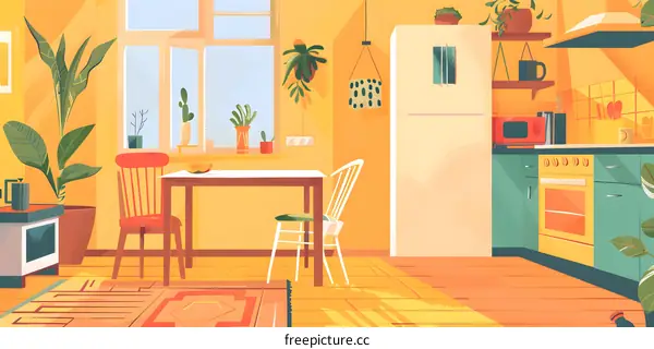 Kitchen Interior Design with Plants and Yellow Walls