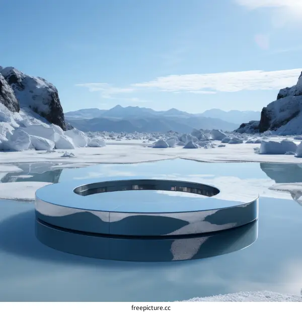 A surreal landscape with a reflective pool in the middle