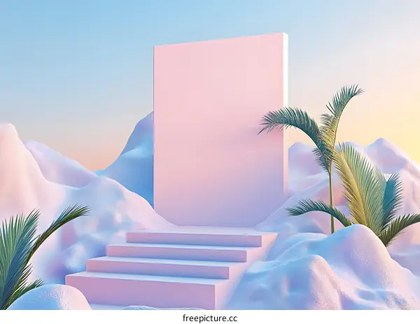 Pink Abstract Minimalist 3D Background with Palm Trees and Steps