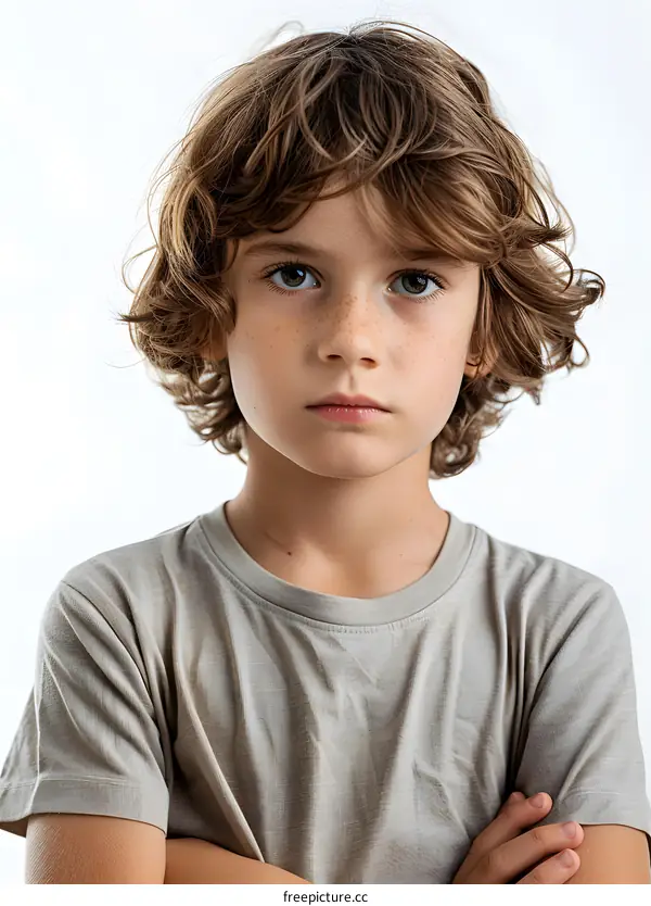 Portrait of a boy with freckles and brown hair