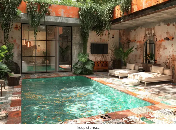 Modern and tropical interior design with pool