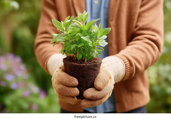 Gardener Holding Young Plant in Pot in Garden