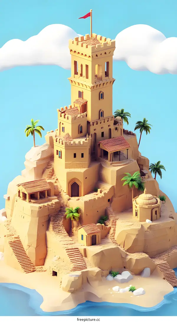 Low Poly Sand Castle on the Beach with Palm Trees