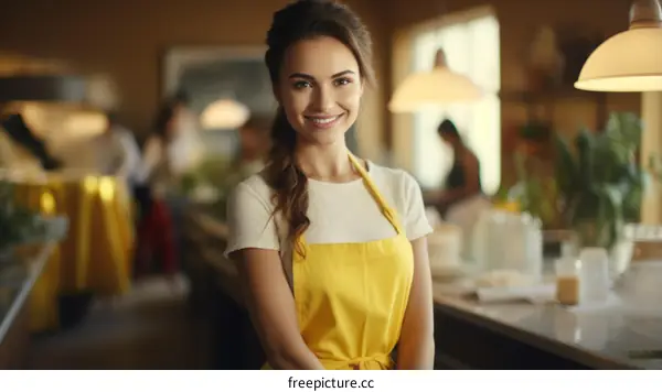 Portrait of a smiling young woman wearing a yellow apron standing in a commercial kitchen