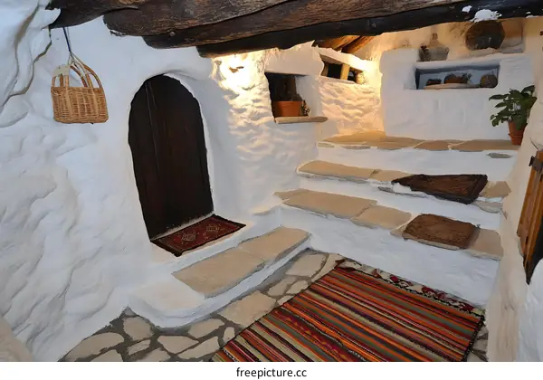 Whitewashed Stone Steps Leading to a Doorway in a Traditional Cave House