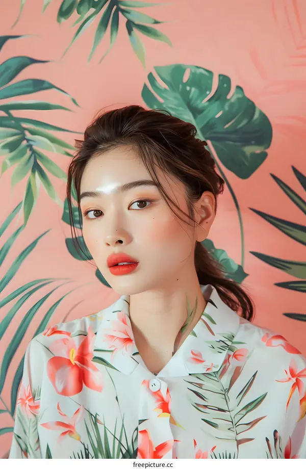 Asian Woman Posing in Tropical Print Shirt