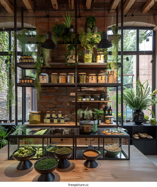 Modern Interior Design with Green Plants and Shelves Filled with Jars