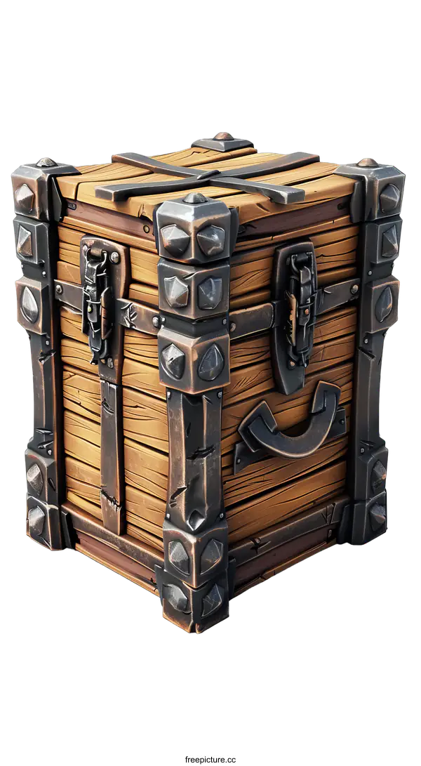 [Transparent Background PNG]A wooden treasure chest with metal reinforcements