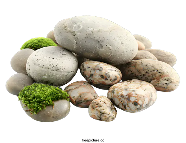 [Transparent Background PNG]Smooth River Rocks and Green Moss on a White Background