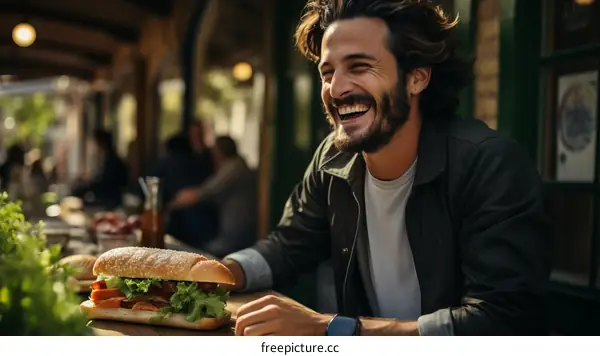 Bearded man eating a sandwich and laughing