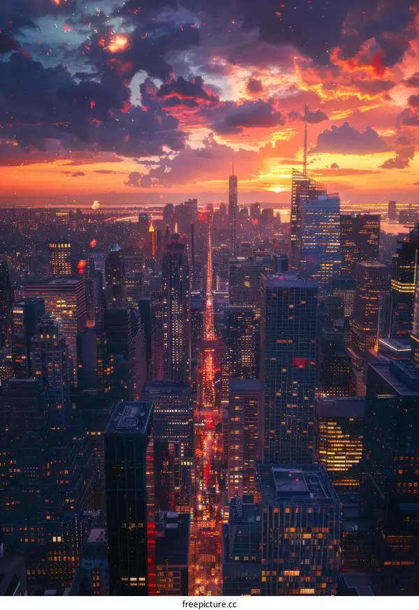 A digital painting of a cityscape at sunset in warm colors