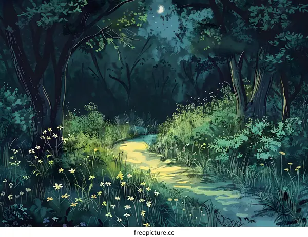 Moonlit Forest Path with Blooming Flowers