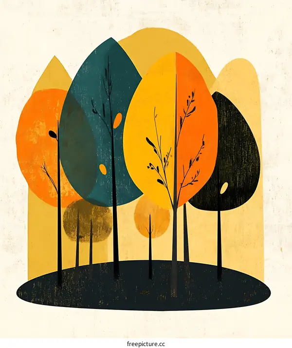 Abstract Illustration of Autumn Trees with Geometric Shapes and Yellow, Orange, and Green Colors