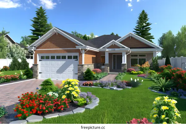 A beautiful house with a flower garden in front