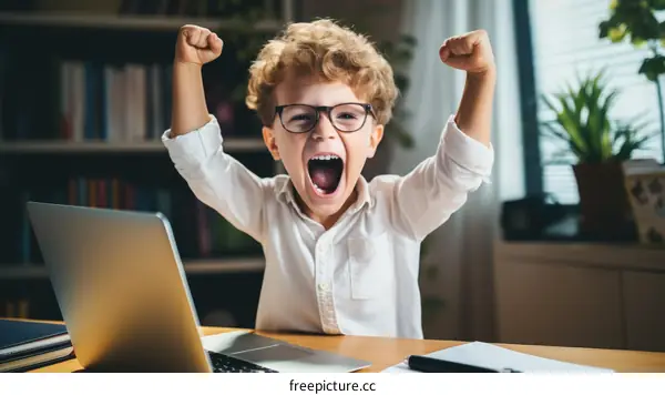 Ecstatic Youngster Celebrating Academic Success near Bookshelf