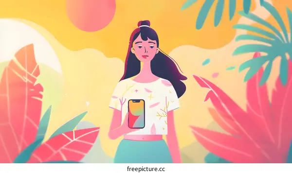 Woman holding a phone with a tropical background illustration