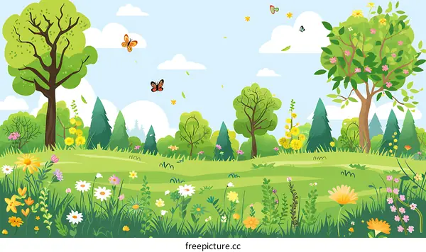 Springtime Meadow with Butterflies and Flowers