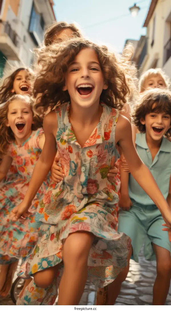 A group of happy children are running down a street